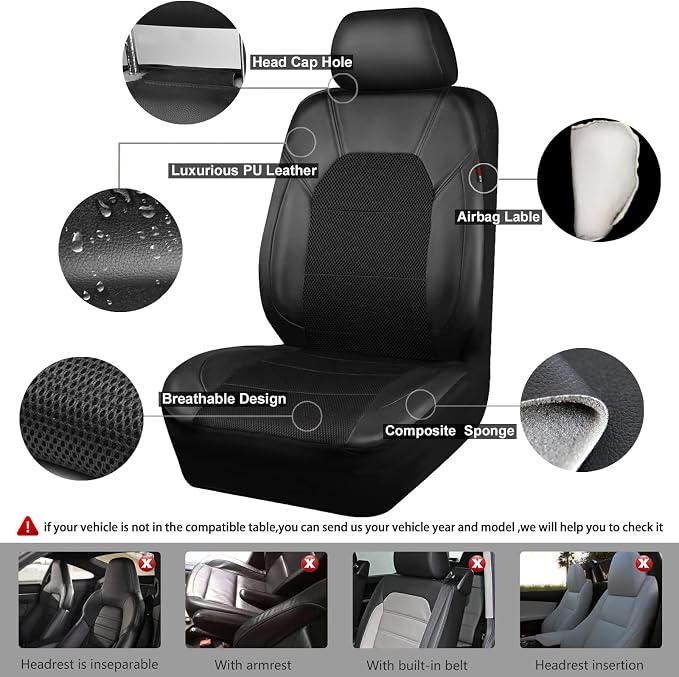 Leather Two Front Car Seat Cover; 4Pcs Waterproof Car Floor Mats & Steering Wheel Cover,Universal Fit Airbag Compatible Automotive Interior Covers (Combo Set, Black)