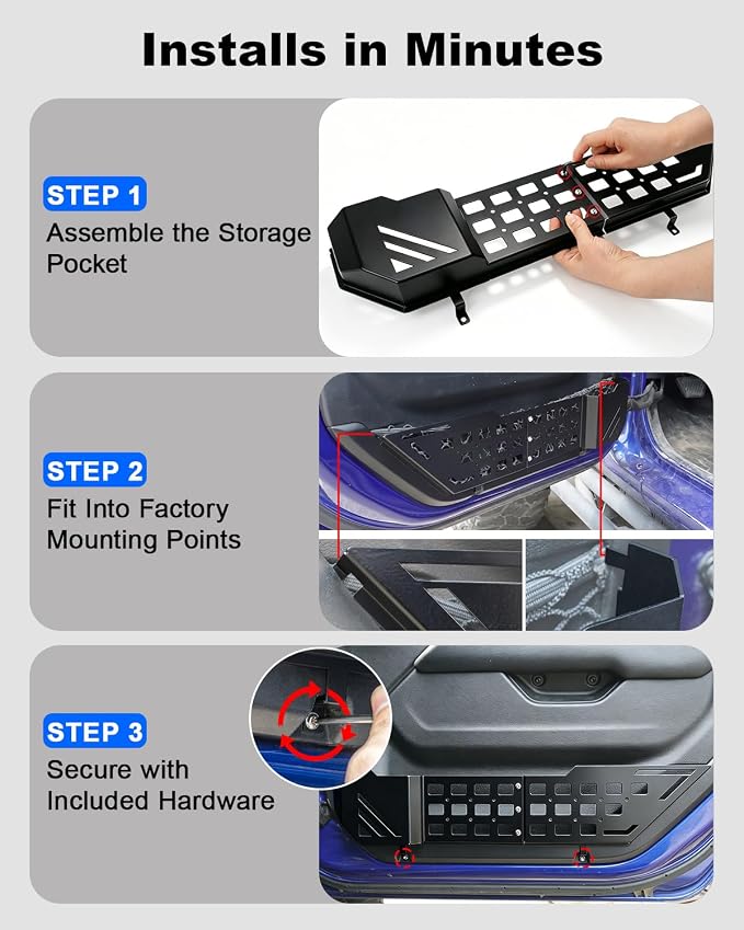 Metal Front Door Pocket Storage Compatible with Jeep Wrangler JL JLU 4XE 2018-2026 Gladiator JT 2020-2026, Side Doors Insert Panels Replaced Pockets Organizer Accessories - 2PCS