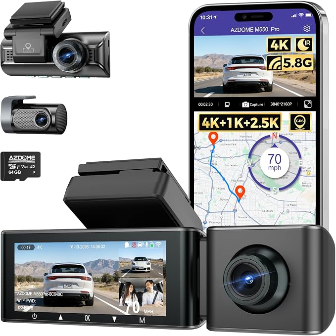 3 Channel Dash Cam Front and Rear Inside, 4K+1080P+2.5K ADAS Dash Cam, 3.19'' IPS Car Camera, 5.8G WiFi GPS Dash Cam for Cars, Voice Control, Night Vision, 24/7 Parking Mode, 64GB Card M550 Pro