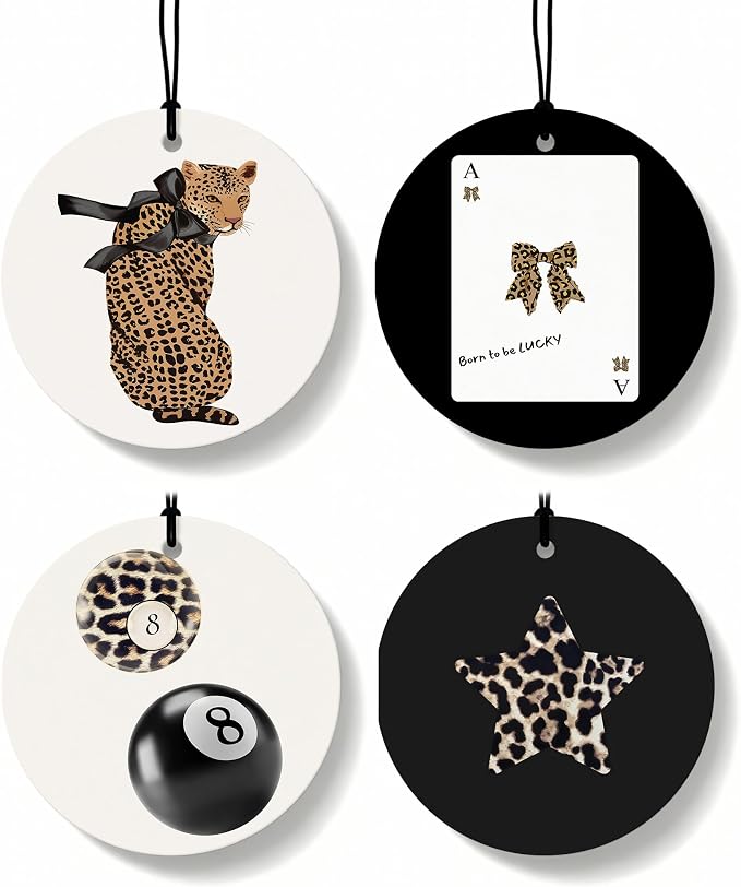 Funky Leopard Orange Car Air Freshener 4 Pcs, Coquette Cheetah Print Star 8 Ball Round Hanging Air Freshener for Cars Closet Drawer Books, Girly Y2k Car Accessories Mirror Decor for Women