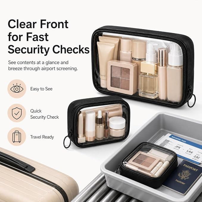 Clear TSA Approved Toiletry Bag - 3-Pack (Large, Small & Mini) Clear Makeup Cosmetic Bag with Zipper, Quart Size Travel Essential Organizer for Women, Car Bag Organizer & Car Organization Essentials