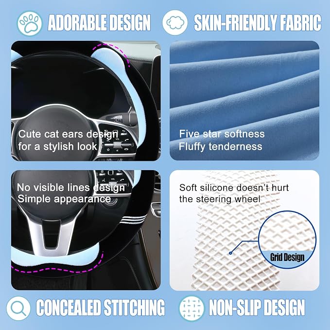 Furry Cute Soft Steering Wheel Cover 14 inch Black with Blue | Fluffy Short Plush Car Accessories, Non-Slip Cold-Proof Sweat-Proof Colorfast, Small 13.5 inch to 14 inch