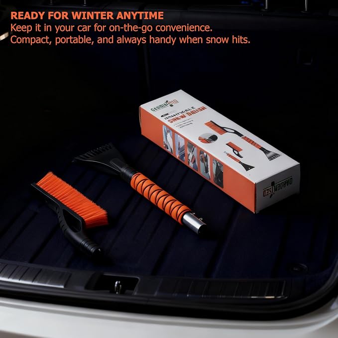 27" Aluminum Snow Brush and Ice Scraper 2-in-1 Detachable Winter Car Snow Tool with Non-Slip Foam Handle and Scratch-Free Bristles for Windshield and Window Cleaning, Orange