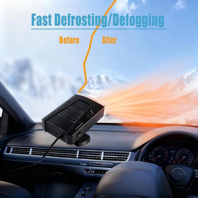 12V Portable Car Heater & Defroster, 200W Fast Heating 360° Rotatable Windshield Defogger Plug into Cigarette Lighter (Black Silver)