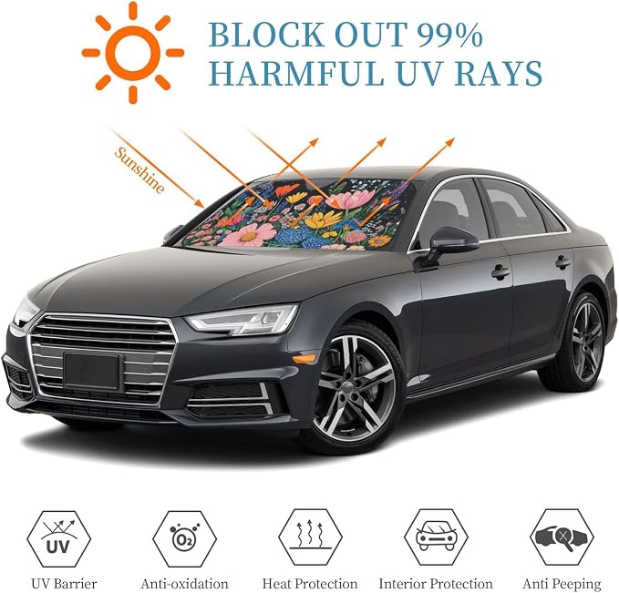 Windshield Sun Shade Wildflower Art Floral Black Car Front Window Sunshade Cover for Truck SUV Blocks UV Rays Automotive Visor Interior Protector 51 x 27.5 inch