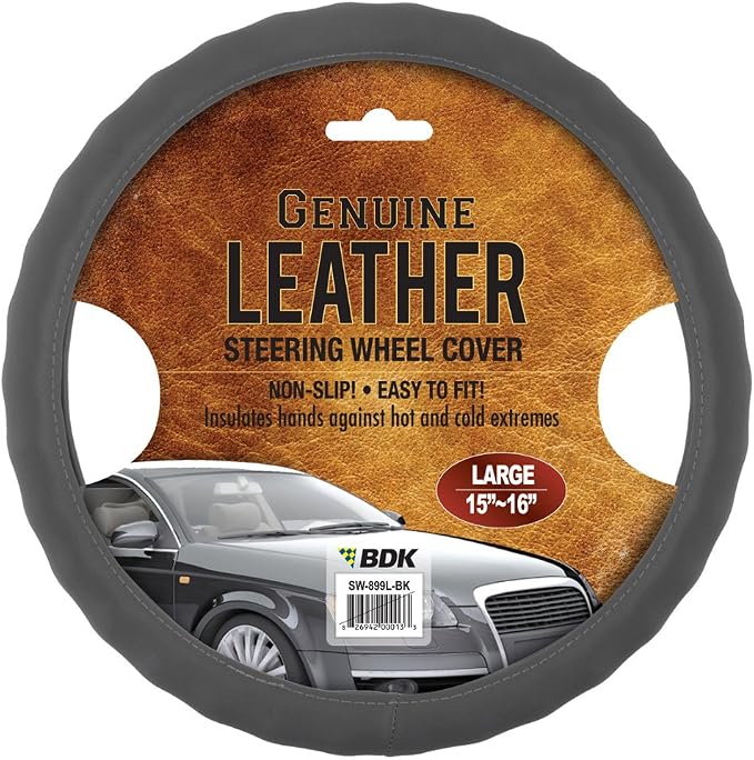 Gray Leather Car Steering Wheel Cover Large Size 15.5 to 16 inch, Easy Installation