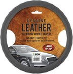 Gray Leather Car Steering Wheel Cover Large Size 15.5 to 16 inch, Easy Installation