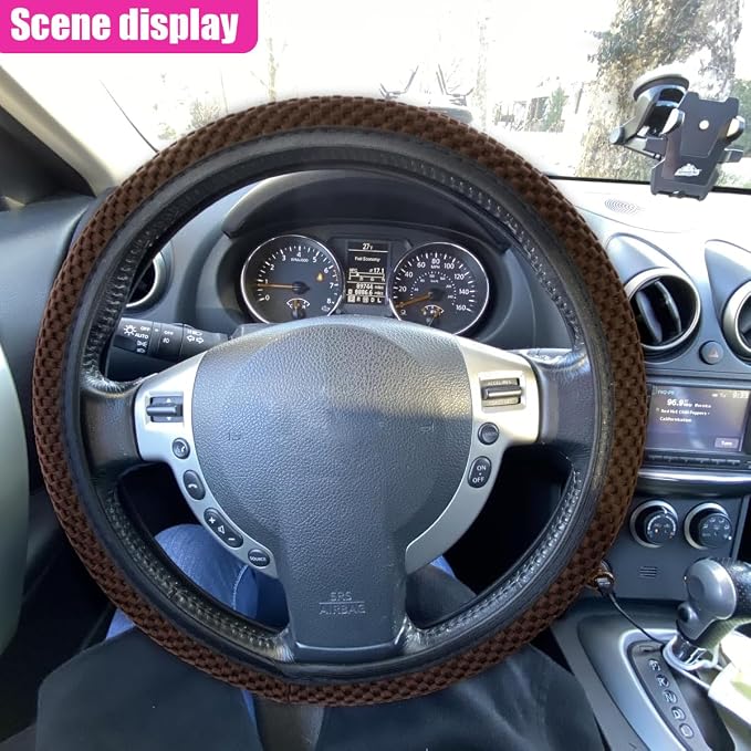 Elastic Stretch Steering Wheel Cover, Anti-Slip, 15inch, Coffee | Microfiber Odorless Breathable Ice Silk Car Steering Wheel Protector, Easy Carry, Warm in Winter & Cool in Summer