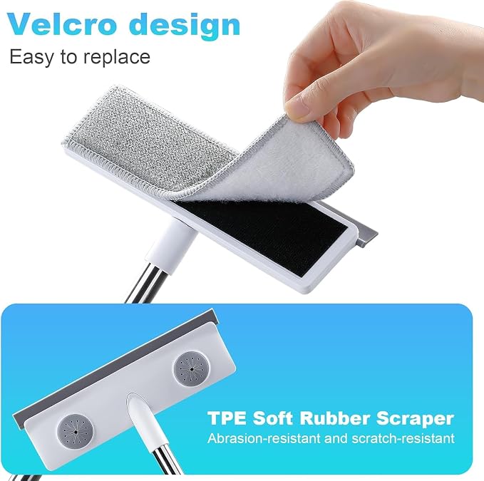 Mesh Screen Cleaner, Glass Wiper, Dust Paper Clip，3 in 1 Wet and Dry Screen Cleaner with Long Handle Wiper for Shower, Glass, Floor, Tile Walls, Car Windshield, White