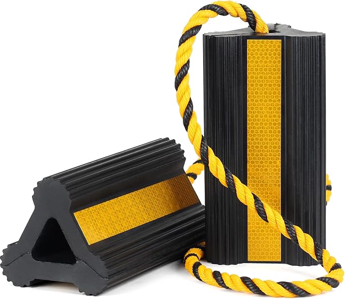 Heavy Duty Rubber Wheel Chocks, 1 Pair, 8.3" L x 4.4" W x 4" H, Non-Slip Tire Stopper Blocks with Rope, for RV Camper Travel Trailers Motorhome Aircraft Car Truck