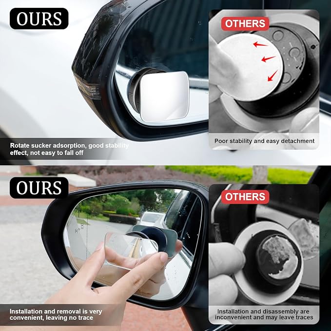 Blind Spot Car Mirror, Rectangular HD Glass Frameless Convex Side Mirror Blindspot, Reusable 360° Wide Angle Rear View Car Mirrors with Powerful Adjustable Suction Cup - Exterior Mirrors