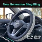 D Shaped Bling Comfy Steering Wheel Cover with Jumbo Crystal Rhinestones, Anti-Slip Diamond Leather, Flat Bottom 14.5-15 Inch (Silver)