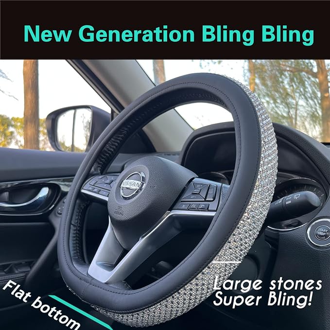 D Shaped Bling Comfy Steering Wheel Cover with Jumbo Crystal Rhinestones, Anti-Slip Diamond Leather, Flat Bottom 14.5-15 Inch (Silver)
