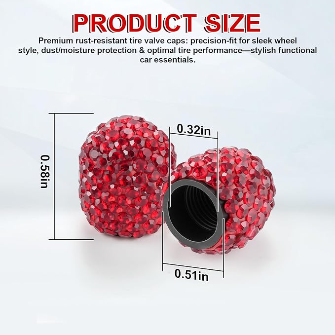 4 Pack Handmade Crystal Rhinestone Car Tire Valve Stem Caps, Universal Fit for Cars, Trucks, Motorbikes - Red