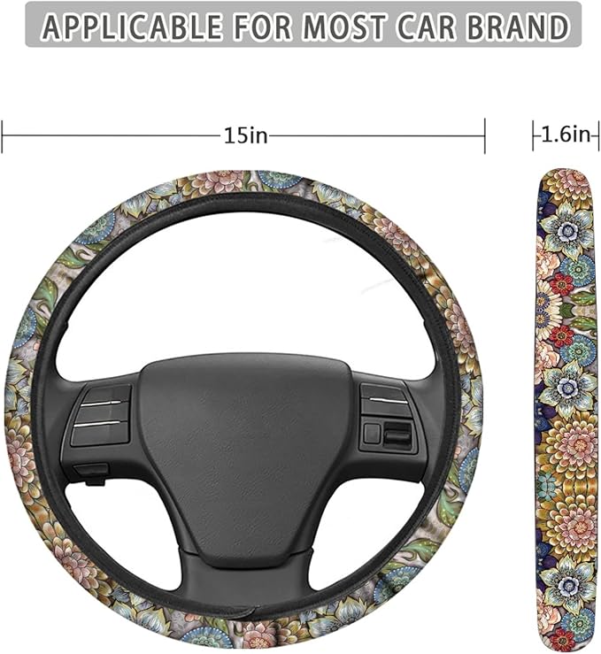 Boho Floral Bright Blossoms Car Steering Wheel Covers for Womens Anti-Slip Comfortable Stretch-on Steering Wheel Protector Cover Sweat Absorption Cover Car Accessories