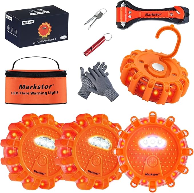 LED Road Flare Warning Light, Battery Powered Emergency Safety Kit with Hammer Whistle Gloves