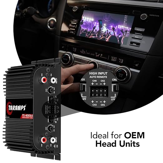 TS 400x4 2 Ohms Black Multichannel Stereo Amplifier 400 Watts Rms, 4 Channels, Full Range, Car Audio Digital 2 Bridged Channel, Crossover High/Low Pass, with RCA and Automatic High Level Input