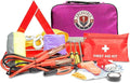 Roadside Assistance Emergency Car Kit - First Aid Kit, Jumper Cables, Tow Strap, led Flash Light, Rain Coat, Tire Pressure Gauge, Safety Vest and More Ideal Winter Accessory for Your Car (Pink)