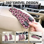 Cute Pink Leopard Car Seat Back Storage Headrest Hooks for Purses & Bags – 2PCS PU Leather Dual Metal Hooks, Backseat Organizer Accessories