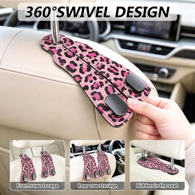Cute Pink Leopard Car Seat Back Storage Headrest Hooks for Purses & Bags – 2PCS PU Leather Dual Metal Hooks, Backseat Organizer Accessories