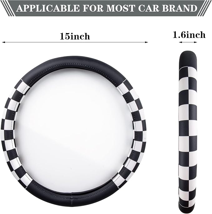 Lattice Leather Steering Wheel Cover, Black and White Checker Car Accessories, Non-Slip and Comfortable Unisex Universal Steering Wheel Cover 15 inch for Women Men (Black and White Checker)