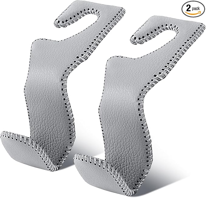Car Seat Hooks for Purses and Bags, 2 Pack Car Purse Holder for Grocery Bag Handbag Clothes, Metal Headrest Hooks Covered by Leather, Gray