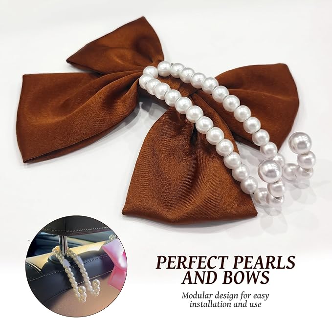 2 PCS Bow Pearl Car Seat Headrest Hook – Cute Purse Hook for Car, Girly Interior Decoration Accessories Hook Hanger, Seatback Holder for Purses & Bags, Elegant Car Organizer (Woody Brown)
