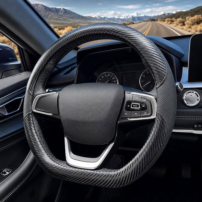 D Shaped Steering Wheel Cover, Flat Bottom Car Wheel Cover 14 1/2-15 inch (37-39 cm), Non-Folding Packaging, Microfiber Leather, Black with Carbon Fiber Pattern