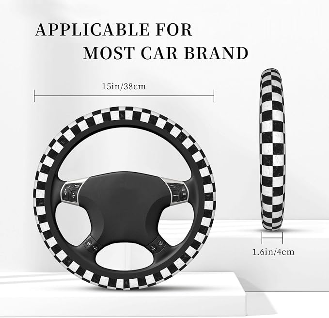Checkerboard Steering Wheel Cover Car Steering Wheel Protector | Black White Elastic Anti-Slip Breathable Car Accessories Interior for Women Men Universal 15 Inch Fit Auto SUVs Vans Truck