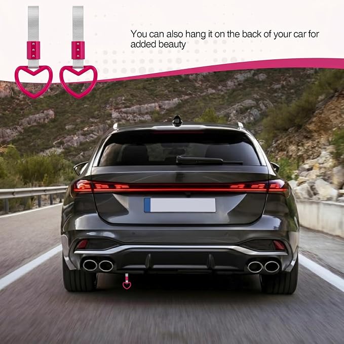 2PCS Heart Shaped Car Handle Straps, Rear Bumper Warning Keychain Ring for Car Exterior Accessories (Hot Pink-Silver)