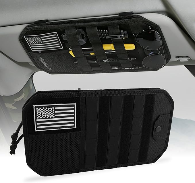 Tactical Car Sun Visor Organizer, Auto Semi-Rigid Molle Panel with Zipper Storage Pouch & Glasses Holder for Police Gear & Overland Accessories, Universal Fit for Trucks, SUVs, Jeeps & Patrols, Black