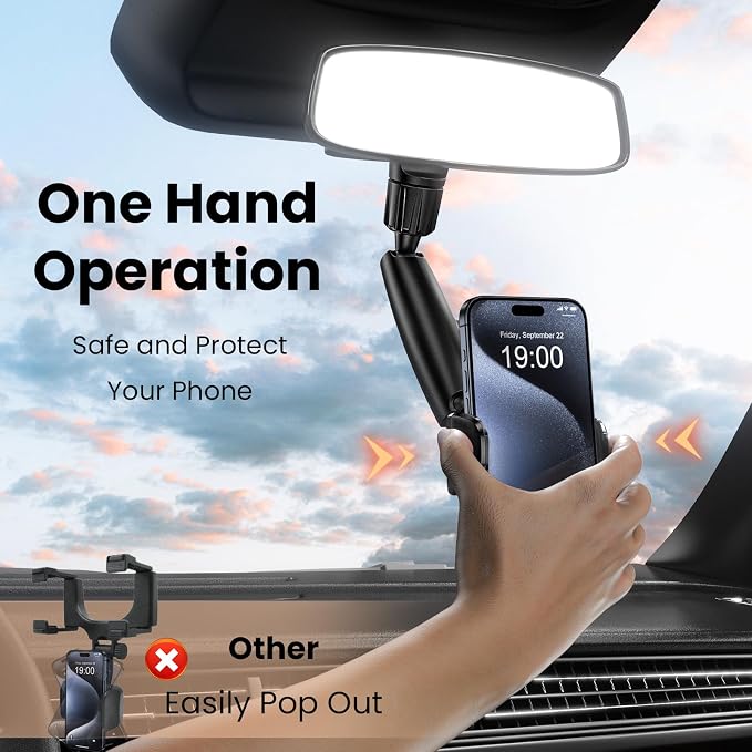 Rear View Mirror Phone Holder, 360° Rotating Car Phone Holder Mount Compatible with All 4-7 Inch iPhone and Android Cell Phones (Pink)