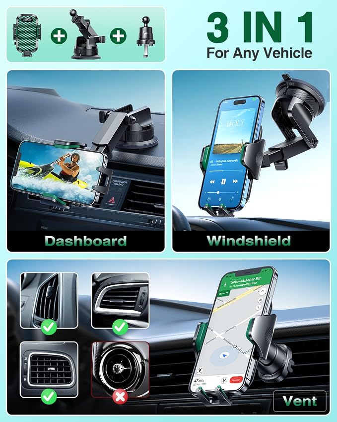 [True Military-Grade] Car Phone Holder [Strongest Suction & Clip] Cell Phone Mount for Dashboard Windshield Vent Truck Accessories Cradle Dash Stand for iPhone 15 14 13 12 Android,Green