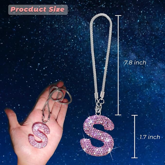 Bling Pink Car Accessories for Women Letter Charm, Rainbow Color Rear View Mirror Cute Crystal Pendant Car Decorations, Lucky Gifts Girly Diamond Rhinestone Charm Interior S