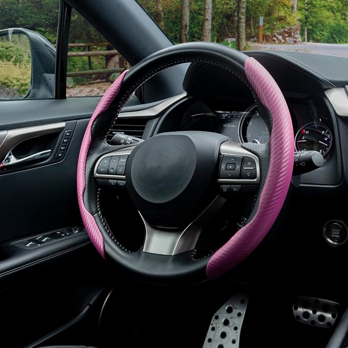 2pcs Carbon Fiber Anti-Skid Steering Wheel Cover, Waterproof & Segmented Butterfly Design, Universal 99% Vehicle Wheel Cover Protector, Car Interior Accessories (Pink-2pcs)