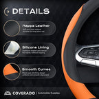 Coverado Car Steering Wheel Cover, Nappa Leather Black & Orange Steering Wheel Covers for Women, Universal 14-15 inch, Anti-Slip, Breathable Steering Wheel Protector