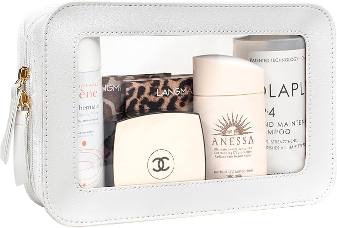 Clear Sunscreen Makeup Bags Pouch, TSA Approved Toiletry Bag with Zipper, Portable Make Up Organizer Traveling Compact Car Bag for Beach Essentials(Clear-White)
