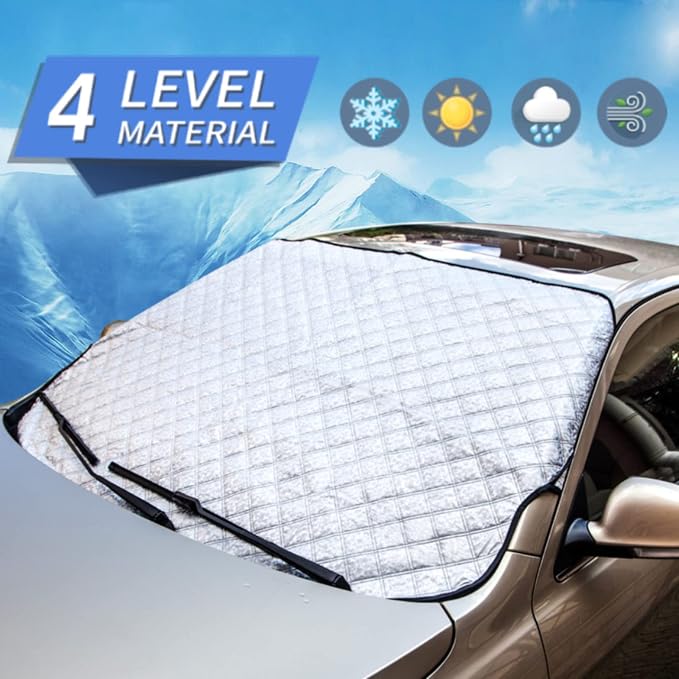 Car Windshield Snow Cover with 4 Layers Protection Winter Frost Snow Ice Cover Auto Sun Shade for Cars Trucks Vans and SUVs(No Elastic Bands Included)