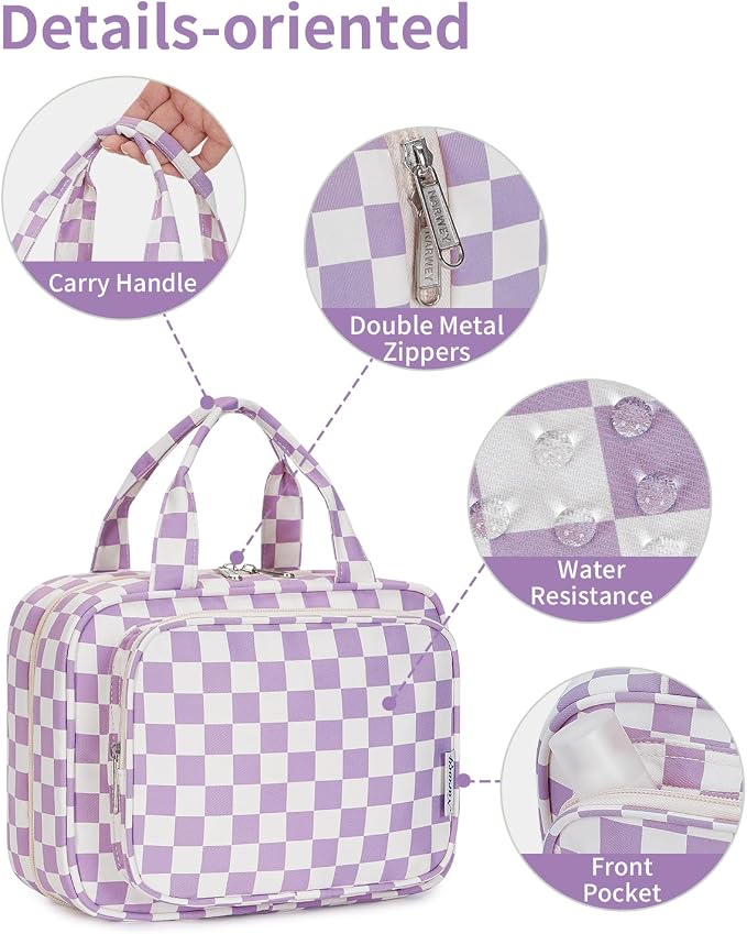 Hanging Toiletry Bag for Women Travel Makeup Bag Organizer Toiletries Bag for Travel Size Essentials Accessories Cosmetics (Purple Checkerboard (Medium))