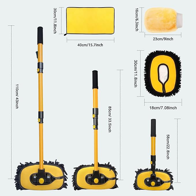 Car Wash Brush Mop with Long Handle, Car Wash Kit with 2 Chenille Mop Heads, 15° Curved Extension Pole Scratch-Free Microfiber Mitt Sponge Car Cleaning Supplies Accessories, Yellow/Black