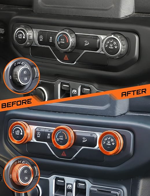 HVAC Climate Control Panel Knob Trim Kit & Light Control Switch Cover, Air Conditioner Knob Aluminum Alloy Ring for 2018-2024 Jeep Wrangler JL JLU & Gladiator JT, Interior Accessories Orange