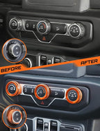HVAC Climate Control Panel Knob Trim Kit & Light Control Switch Cover, Air Conditioner Knob Aluminum Alloy Ring for 2018-2024 Jeep Wrangler JL JLU & Gladiator JT, Interior Accessories Orange
