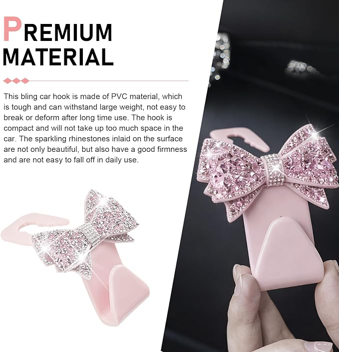 2PCS Bling Bow Car Seat Headrest Hooks, S Type Cute Bow Car Seat Back Hanger Storage for Purses Bags Grocery, Crystal Rhinestone Vehicle Rear Seats Organizer, Universal for Most Cars (Pink)