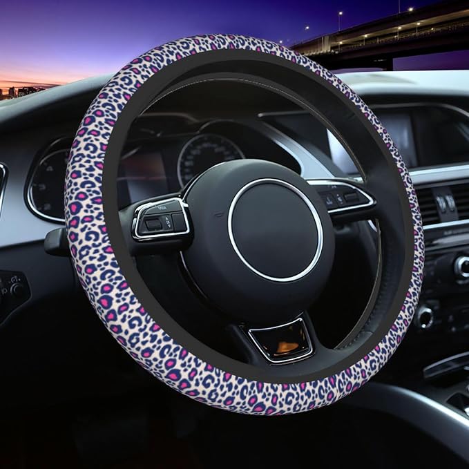 Animal Leopard Print Pink Black Steering Wheel Cover Car Accessories Cute for Women Girls Girly Universal 15 Inch Neoprene Auto Interior Decor Anti Slip Car Truck Protector