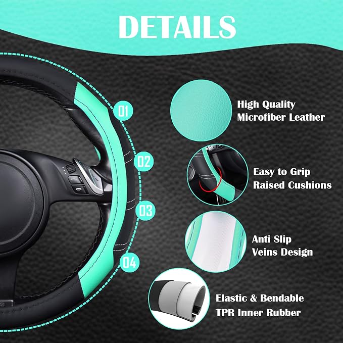 Line Rider Microfiber Leather Sporty Steering Wheel Cover Universal Fits for 95% Truck,SUV,Cars, 14.5-15 inch Anti-Slip Safety Comfortable Design (Black Mint Blue)