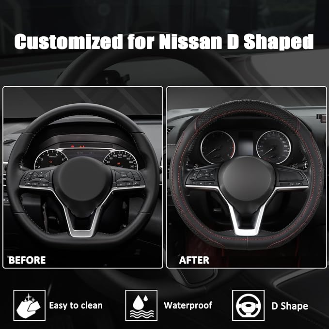 Customized Auto Car Steering Wheel Cover for Nissan,D Shaped Steering Wheel Cover for Rogue,Altima,Kicks (D-Shaped-Black+Red Line)