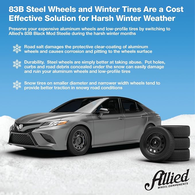 Allied 83B FWD Black Mod 14X5.5" 5X100 & 5X115 Bolt Patterns +38mm Offset 4.75" BS Satin Black Steel Passenger Car Wheel, Bolt-on OE Replacement, Car Mods, FWD, AWD, SUV and CUV Steel Wheel