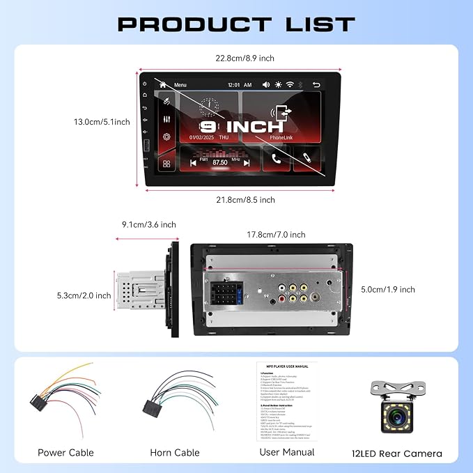 Single Din Car Stereo with 9 Inch IPS Touch Screen, Wireless CarPlay & Android Auto, Bluetooth, FM/AM/RDS Radio, Online Video, Mirror Link,EQ,SWC,USB,Backup Camera & RGB Button Lights