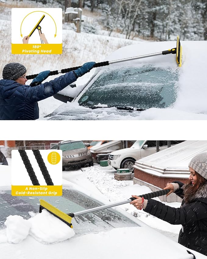2025 Extra Long 55.7" Ice Scrapers for Car Windshield Multi-Functional Detachable Car Ice Scraper with Foam Grip and 270° Pivoting Brush Head Snow Brush for SUV Truck Auto(Yellow)
