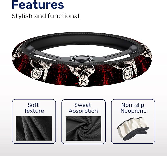 Horror Slasher Steering Wheel Cover, Non Slip Polyester Car Wheel Protector for Car SUV Truck, Universal 15 Inch